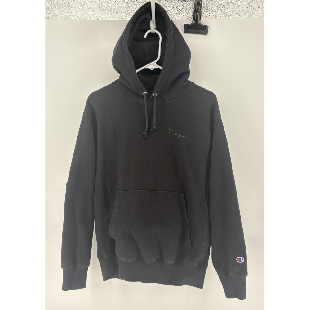 Champion Reverse Weave Hoodie Men S Black Heavyweight Pullover Y2K Spellout Logo